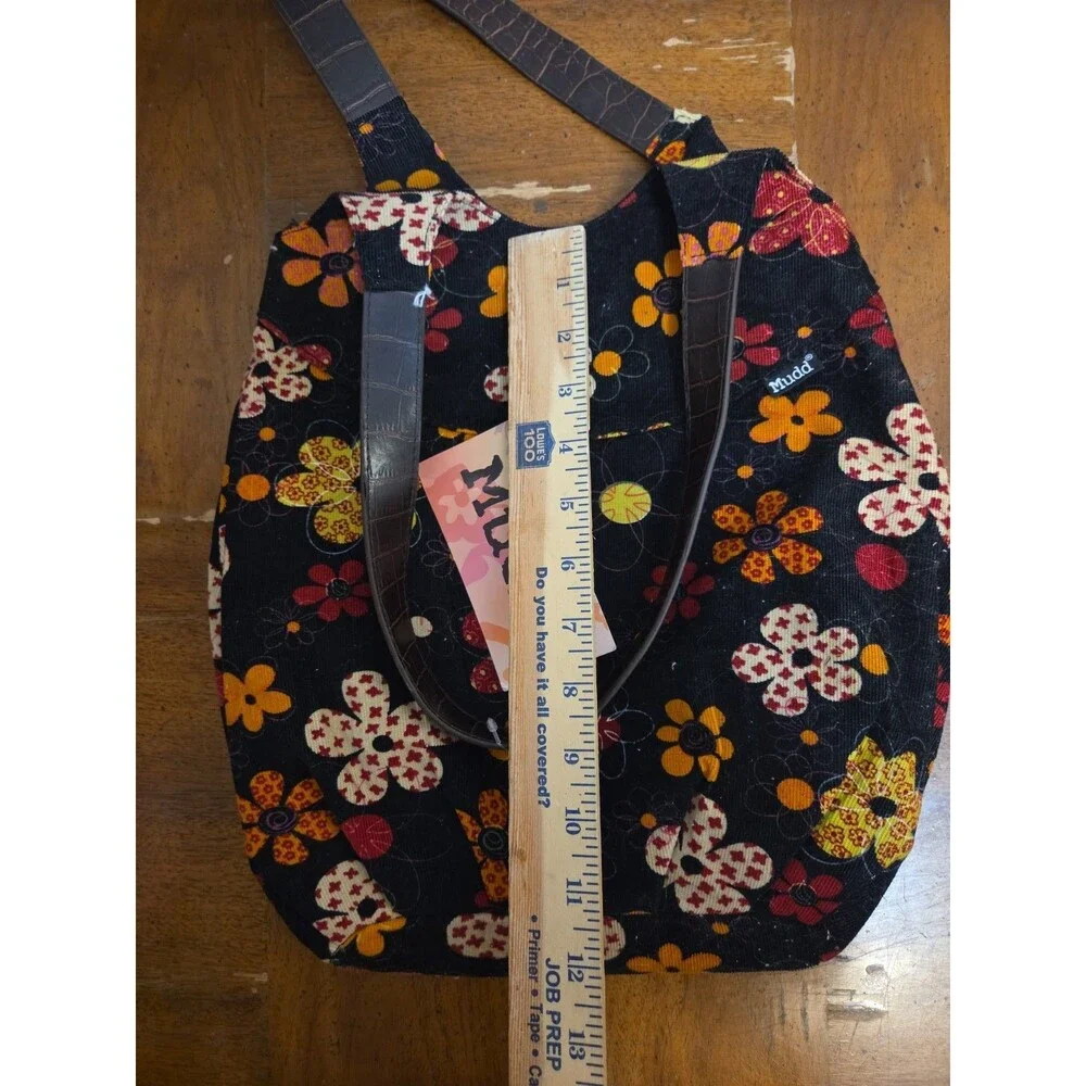 Mudd Shoulder Tote Bag Black Floral Corderoy Purse Boho Hippie Grunge Y2K Vntg